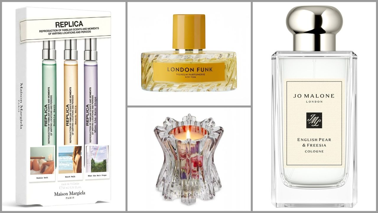 product collage of Maison Margiela Replica Fresh &amp; Floral Travel Spray Set, jo Malone English Pear and Freesia Cologne, Vilhelm Parfumerie London Funk Eau de Parfum, 100 mL, Bond No. 9 New York Flowers Refillable Candle Set on white background with grey border