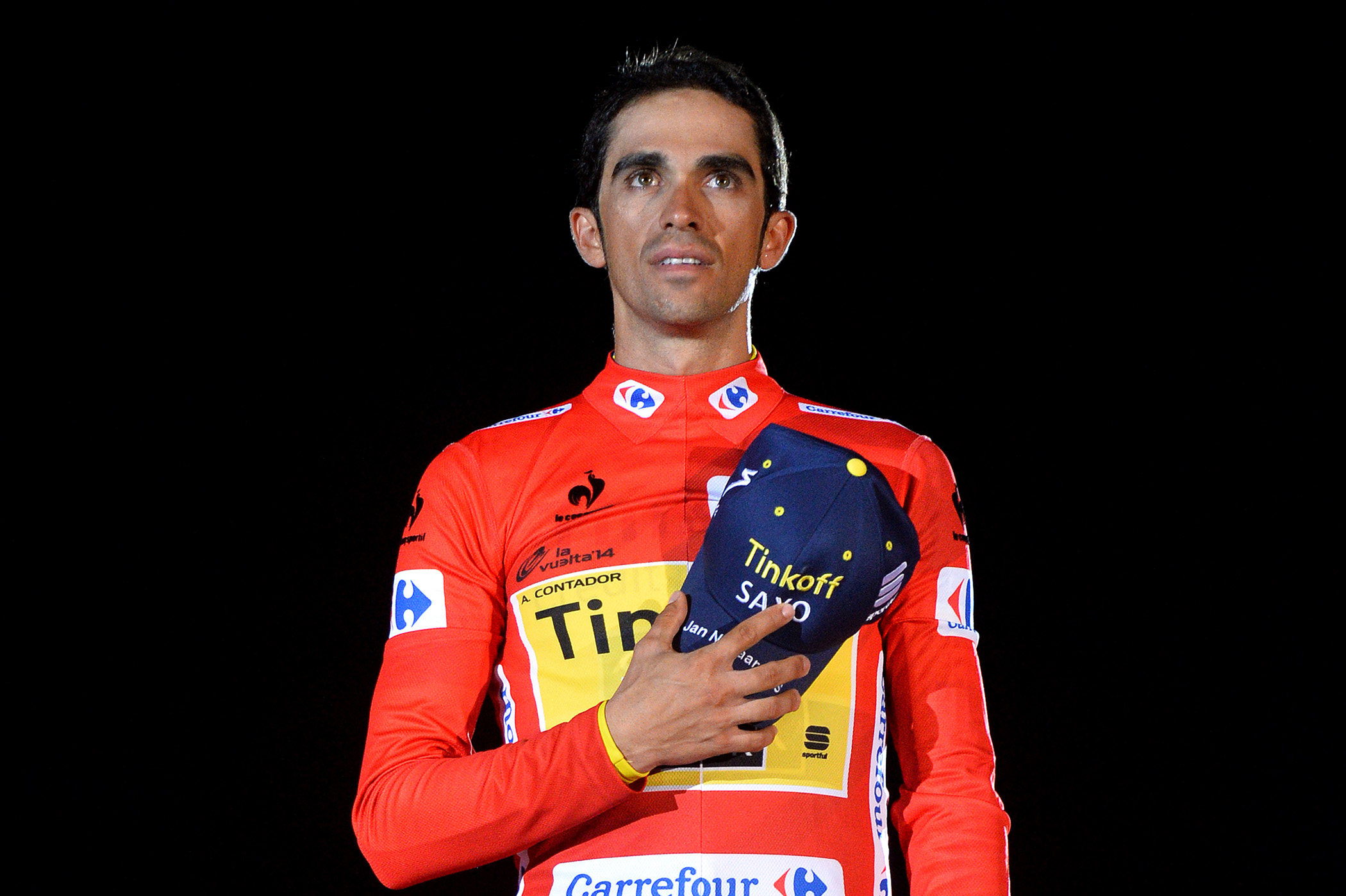 Cycling: 69th Tour of Spain 2014 / Stage 21 Podium / CONTADOR Alberto (ESP) Red Leader Jersey Celebration Joie Vreugde / Santiago De Compostela - Santiago De Compostela El Final Del Camino (9,7km)/ Time Trial Contre la Montre Tijdrit TT / Vuelta Tour d'Espagne Ronde van Spanje / Etape Rit /(c) Tim De Waele (Photo by Tim de Waele/Corbis via Getty Images)