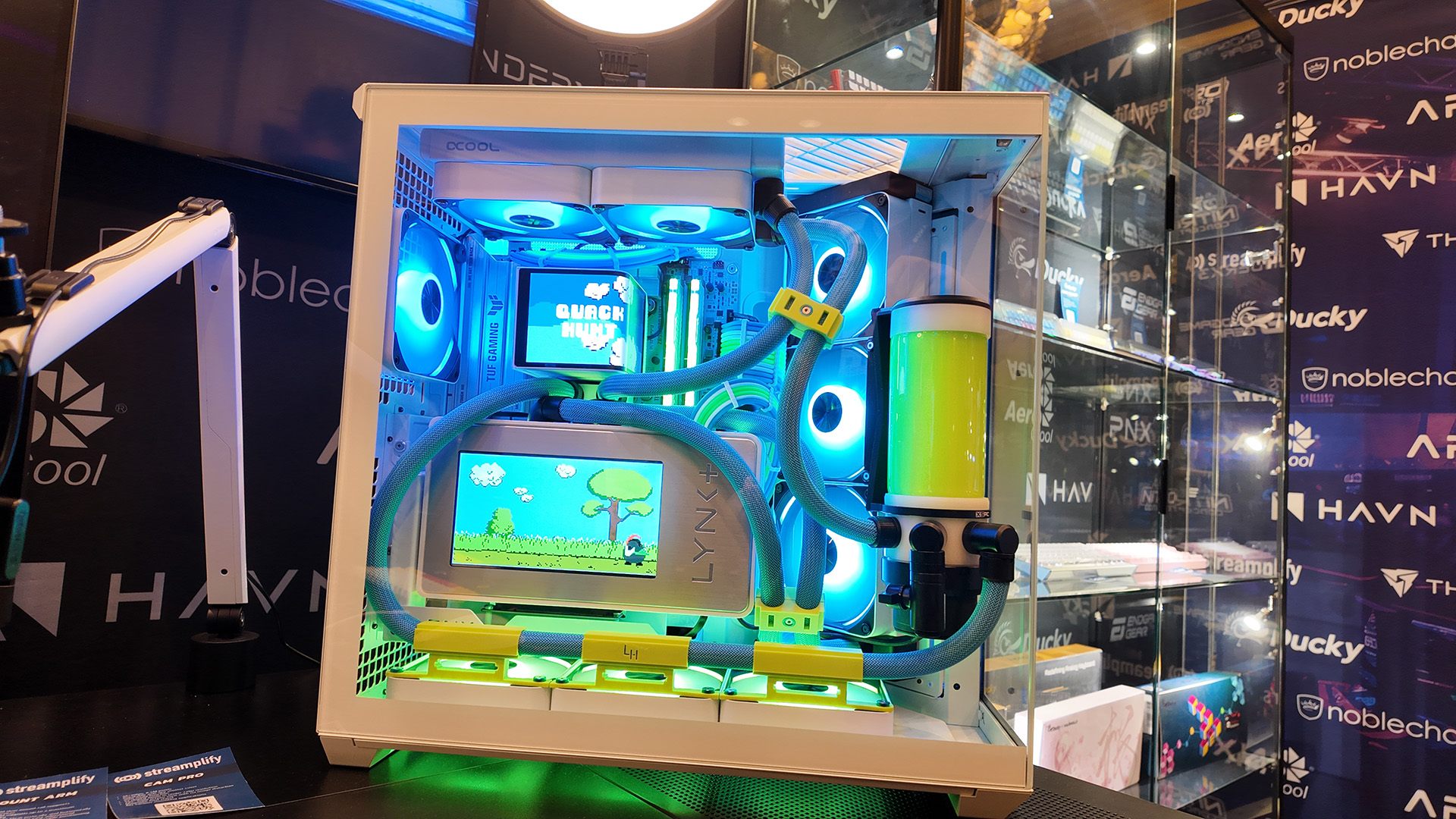 A custom liquid cooled gaming PC at the Pro Gamers Group booth at CES 2025.