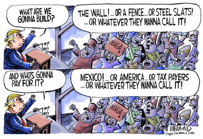 Political cartoon U.S. Trump wall Mexico rally