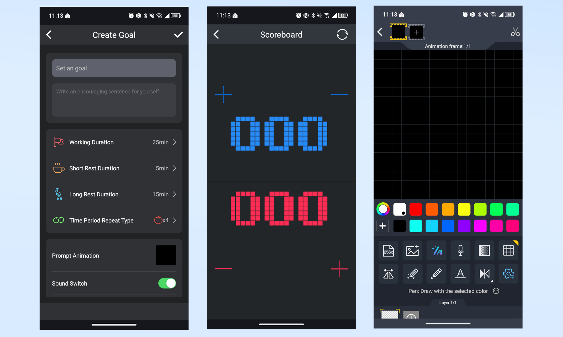 A series of screenshots showing the extras available on the Divoom Times Frame within its companion app