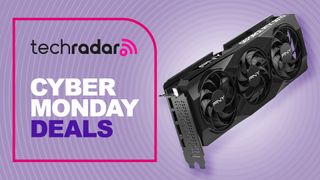 A graphics card against a TechRadar Cyber Monday Deals background