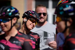 Barbara Guarischi CANYON//SRAM Racing teammates ahead of sign in at the 121 km Stage 1 of the Lotto Belgium Tour 2016