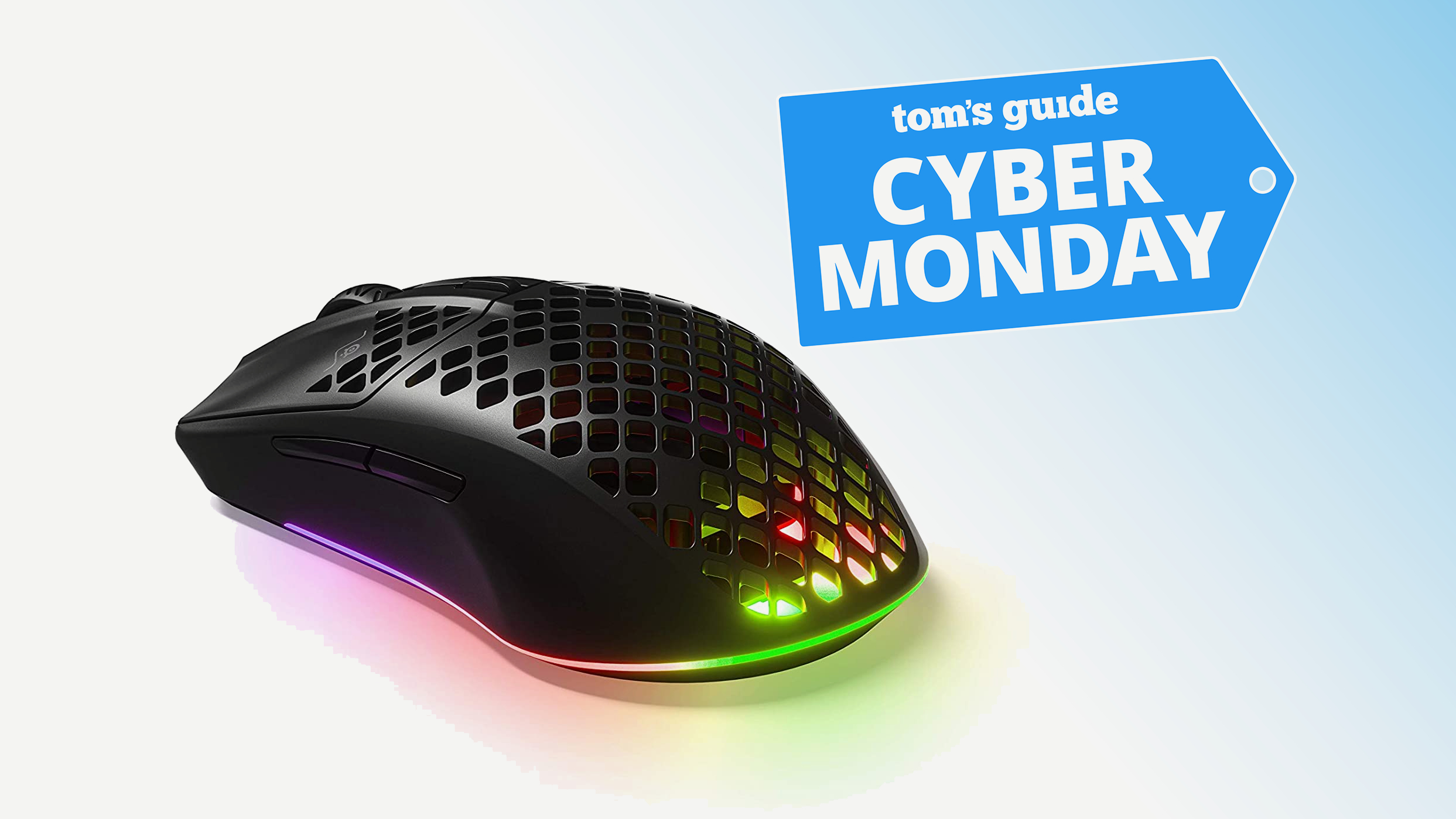 SteelSeries Aerox 3 Wireless mouse with cyber monday tag superimposed