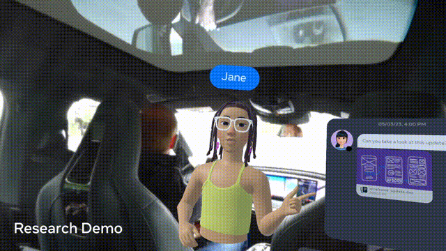 A traveller is conducting a meeting in their car, talking to a VR avatar and posting virtual notes on their window