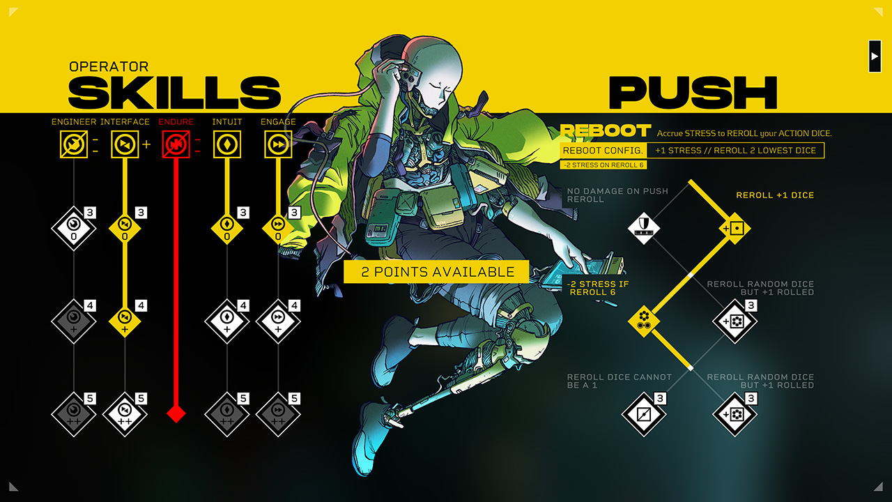 Still from the video game Citizen Sleeper. There is an operator skills tree where the player can pick which character traits they want to upgrade.