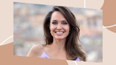 angelina jolie smiling with a mushroom brown hair color against a beige patterned background