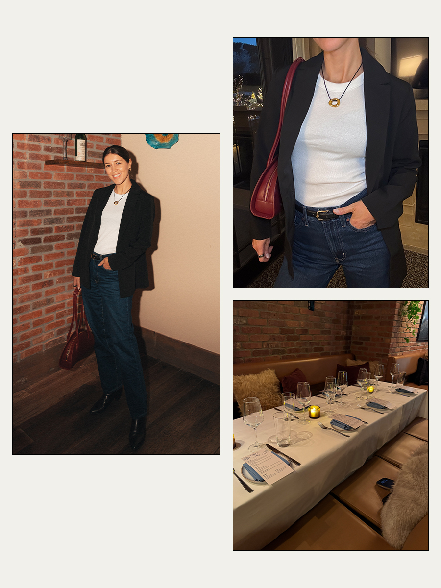 Judith Jones in a white tank, black blazer and jeans