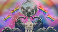 Illustration of GOP elephants bedazzled by Pride flags, love hearts, rainbow and Capitol dome disco ball