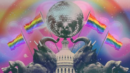Illustration of GOP elephants bedazzled by Pride flags, love hearts, rainbow and Capitol dome disco ball