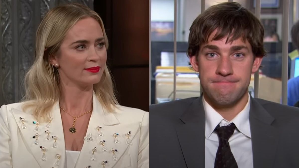 From left to right: screenshots of Emily Blunt on Stephen Colbert&#039;s talk show and John Krasinski making a face at the camera as Jim on The Office.