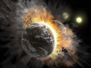 An artist's illustration shows two large planets smashing into each other with two suns shining in the distance.