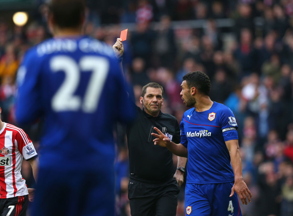 Juan Cala of Cardiff City is sent off by referee Phil Dowd during the Barclays Premier League match between Sunderland and Cardiff City at Stadium of Light on April 27, 2014 in Sunderland, England.