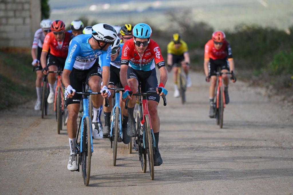 UBEDA SPAIN FEBRUARY 12 LR Bastien Tronchon of France and Decathlon Ag2R La Mondiale Team and Cedric Beullens of Belgium and Team Lotto Dstny compete during the 3rd Clasica Jaen Paraiso Interior 2024 a 1583km one day race from Baeza to Ubeda on February 12 2024 in Ubeda Spain Photo by Tim de WaeleGetty Images