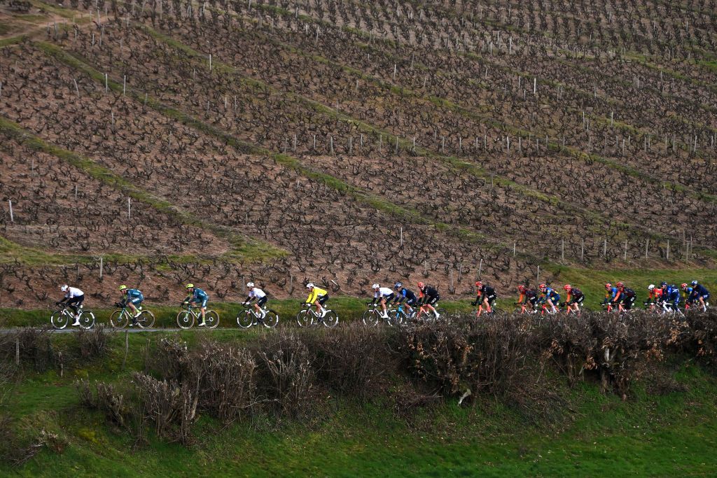MONT BROUILLY FRANCE MARCH 06 Brandon Mcnulty of The United States Yellow Leader Jersey Finn FisherBlack of New Zealand and UAE Team Emirates White Best Young Rider Jersey and a general view of the peloton competing close to a vineyards field during the 82nd Paris Nice 2024 Stage 4 a 183km stage from ChalonsurSane to Mont Brouilly 476m UCIWT on March 06 2024 in Mont Brouilly France Photo by Alex BroadwayGetty Images