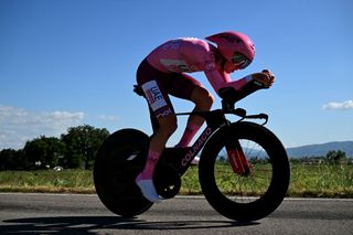 PERUGIA ITALY MAY 10 Tadej Pogacar of Slovenia and UAE Team Emirates Pink Leader Jersey sprints during the 107th Giro dItalia 2024 Stage 7 a 406km individual time trial stage from Foligno to Perugia 472m UCIWT on May 10 2024 in Perugia Italy Photo by Tim de WaeleGetty Images