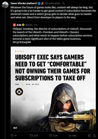 A post that reads: "Whatever the future of games looks like, content will always be king. But it’s going to be a lot harder to get good content if subscription becomes the dominant model and a select group gets to decide what goes to market and what not. Direct from developer to players is the way."