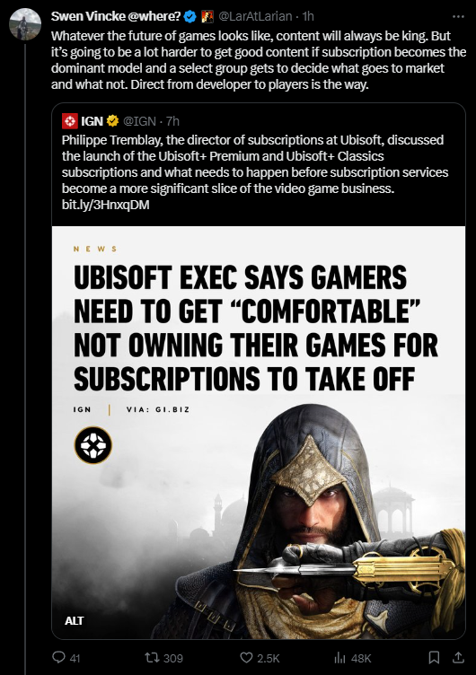 «Вы не найдете наши игры по подписке», — говорит основатель разработчика Baldur's Gate 3 Лариан после того, как Ubisoft прогнозирует будущее игроков, «не владеющих» играми.
