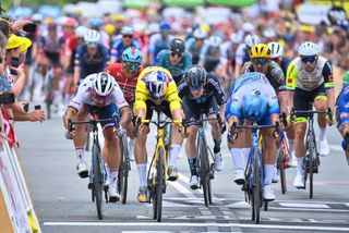 Belgian Wout Van Aert of JumboVisma and Dutch Dylan Groenewegen of BikeExchangeJayco fight to cross the finish line during stage three of the Tour de France cycling race 182km from Vejle to Sonderborg Denmark on Sunday 03 July 2022 This years Tour de France takes place from 01 to 24 July 2022 and starts with three stages in Denmark BELGA PHOTO DAVID STOCKMAN Photo by DAVID STOCKMAN BELGA MAG Belga via AFP Photo by DAVID STOCKMANBELGA MAGAFP via Getty Images