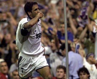 Raul celebrates a goal for Real Madrid against Deportivo Alaves in May 2001.