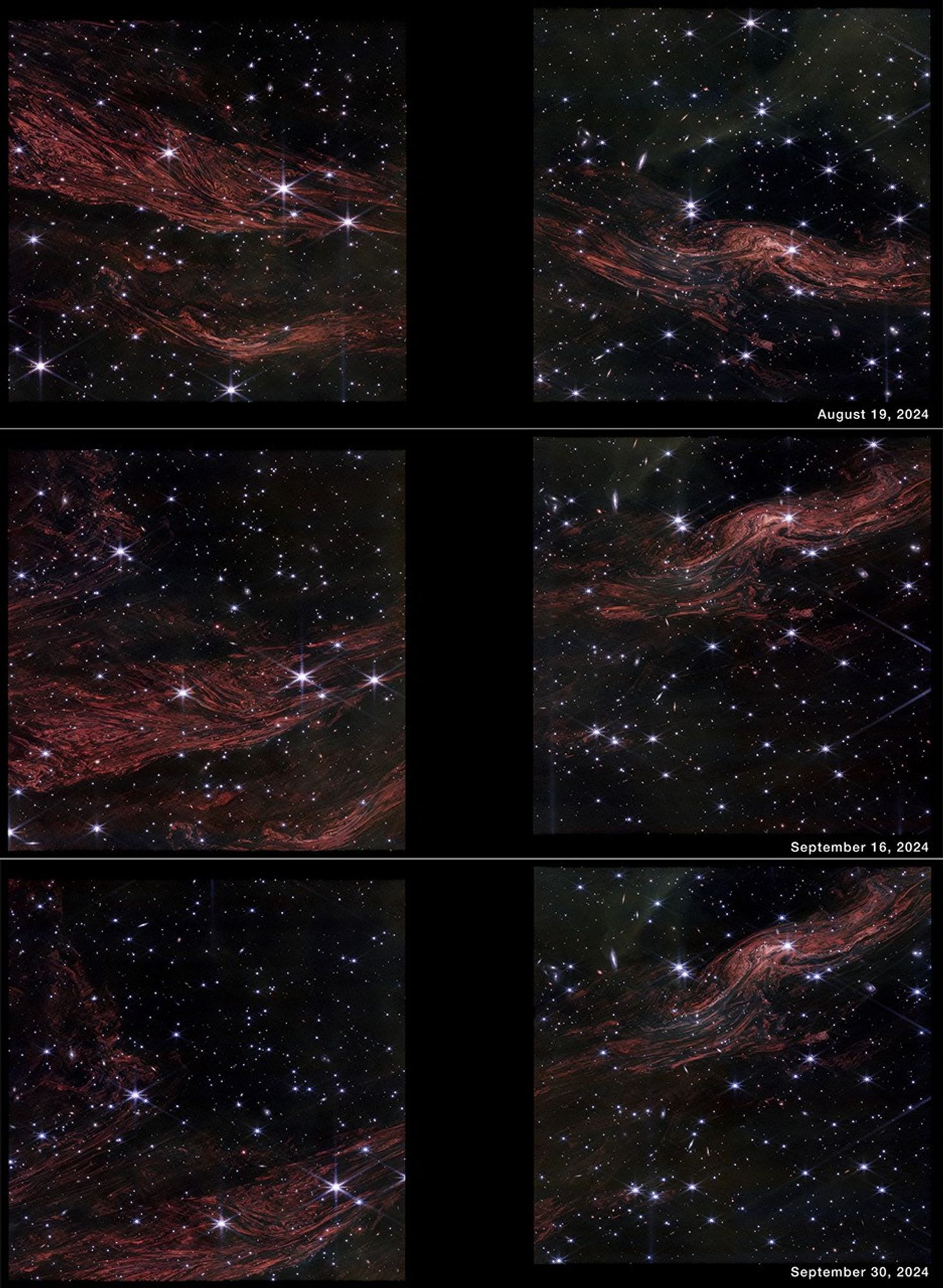 a six-paneled image showing six different views of the swirling cloud of dust in Cassiopeia A