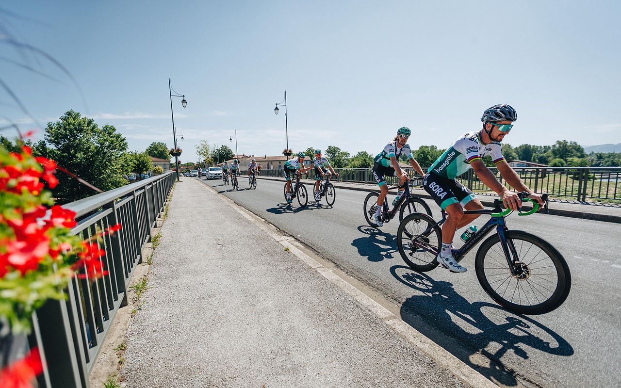 The Bora-hansgrohe team ride the Specialized Creo e-bikes on the rest day at the Tour de France