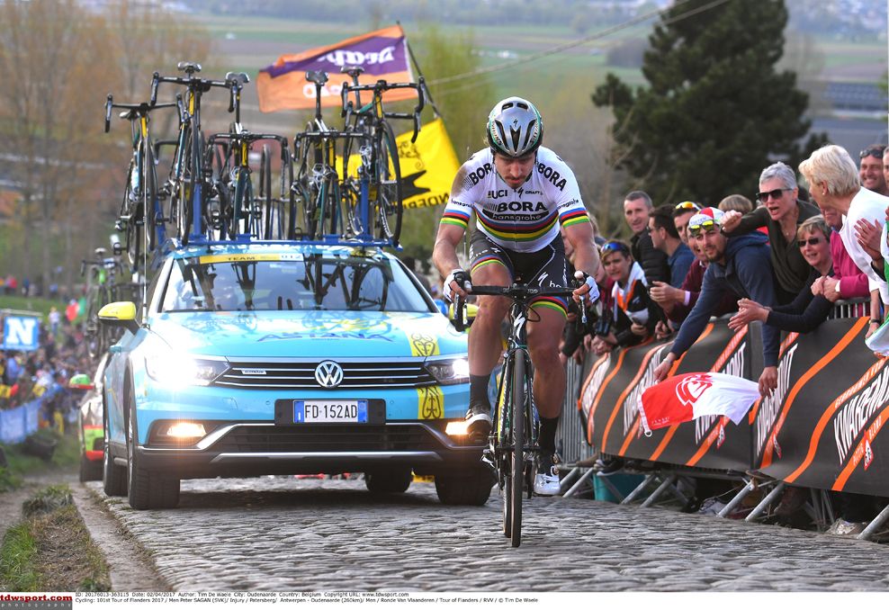 Peter Sagan (Bora-Hansgrohe) chases after his crash in the Tour of Flanders