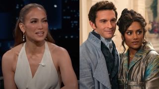 From left to right: A screenshot of JLo smiling on Jimmy Kimmel's show and a press image of Anthony and Kate standing while embracing each other and hugging in Season 3 of Bridgerton.