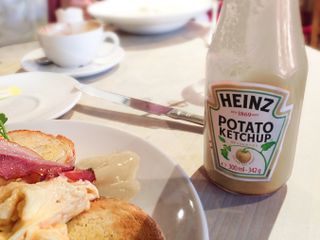 A jar of potato ketchup on a table