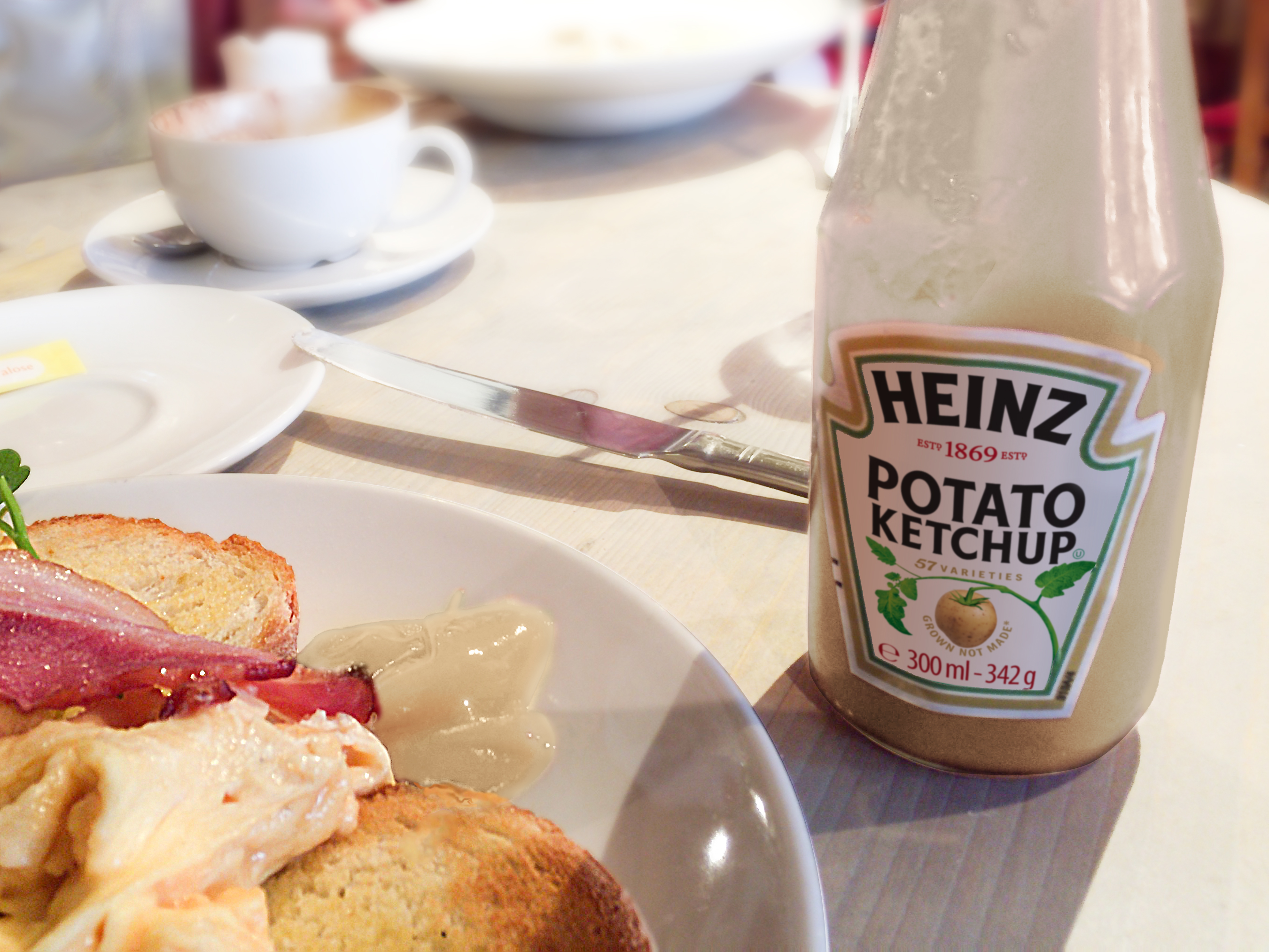 A jar of potato ketchup on a table