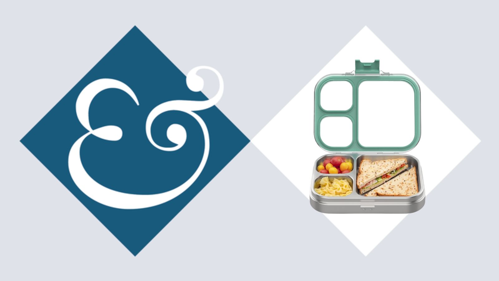 Homes &amp; Gardens ampersand logo on dark blue diamond, with cutout of open stainless steel bento lunchbox on white diamond, on light blue background