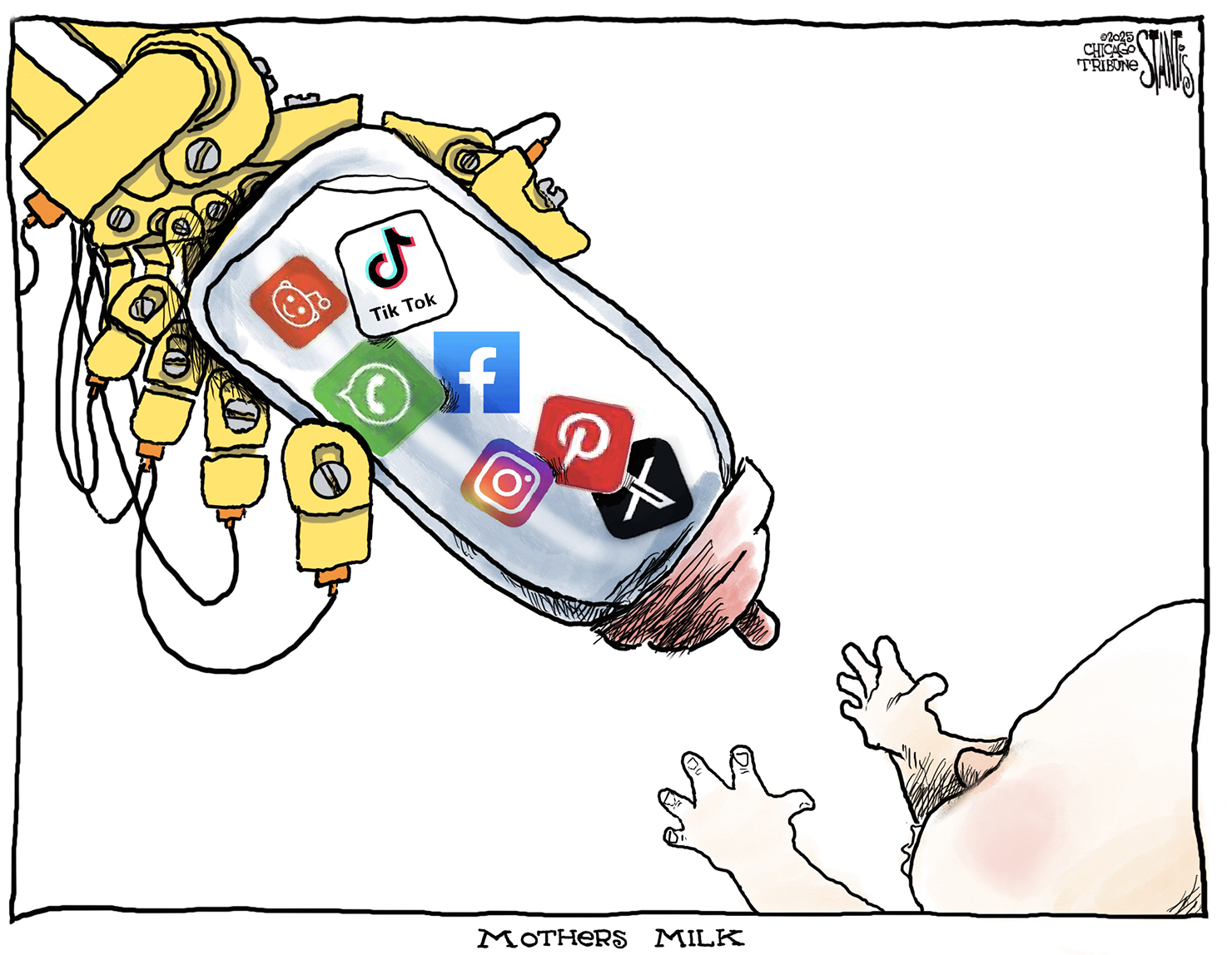 This cartoon is titled &amp;ldquo;Mothers Milk&amp;rdquo;. An infant reaches for a bottle held by a robotic hand. The bottle contains the logos for Reddit, TikTok, What&amp;rsquo;s App, Facebook, Instagram, Pinterest and X.