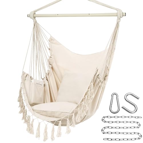 Y- Stop Hammock Chair Hanging Rope Swing, Max 500 Lbs, 2 Cushions Included, Large Macrame Hanging Chair With Pocket for Superior Comfort, With Hardware Kit (beige)