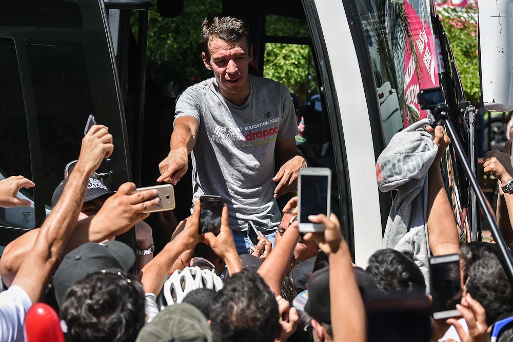 Education First Team Colombian cyclist Rigoberto Uran, waves to fans after the third stage of the 'Colombia Oro y Paz