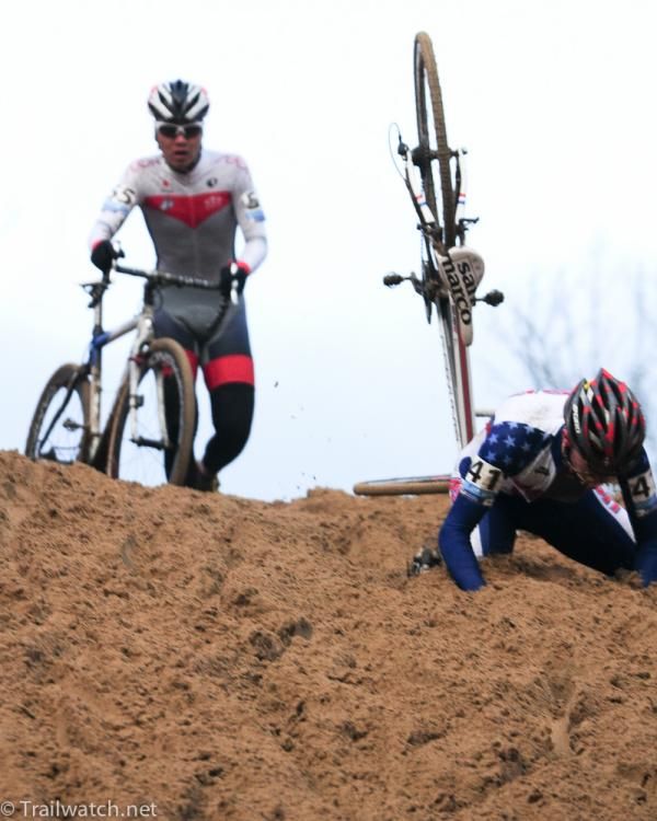 Owen Logan (USA) goes over the handlebars but had a soft landing