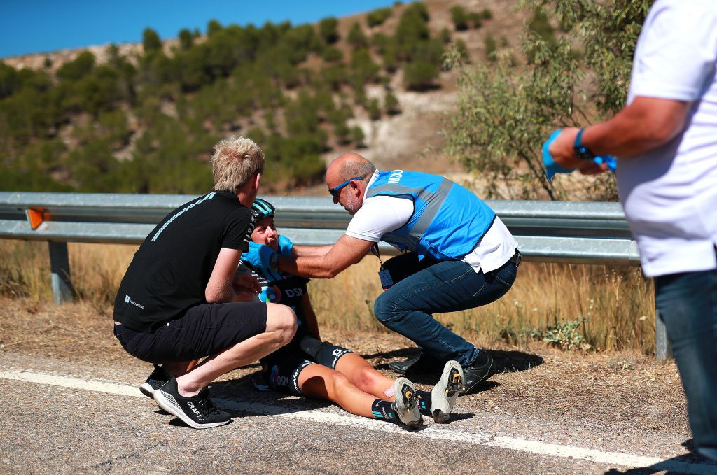 SEGOVIA SPAIN SEPTEMBER 10 La Curinier of France and Team DSM Women crashes during the 8th Ceratizit Challenge By La Vuelta 2022 Stage 4 a 1604km stage from Palencia to Segovia 1005m CERATIZITChallenge22 UCIWWT on on September 10 2022 in Segovia Spain Photo by Gonzalo Arroyo MorenoGetty Images