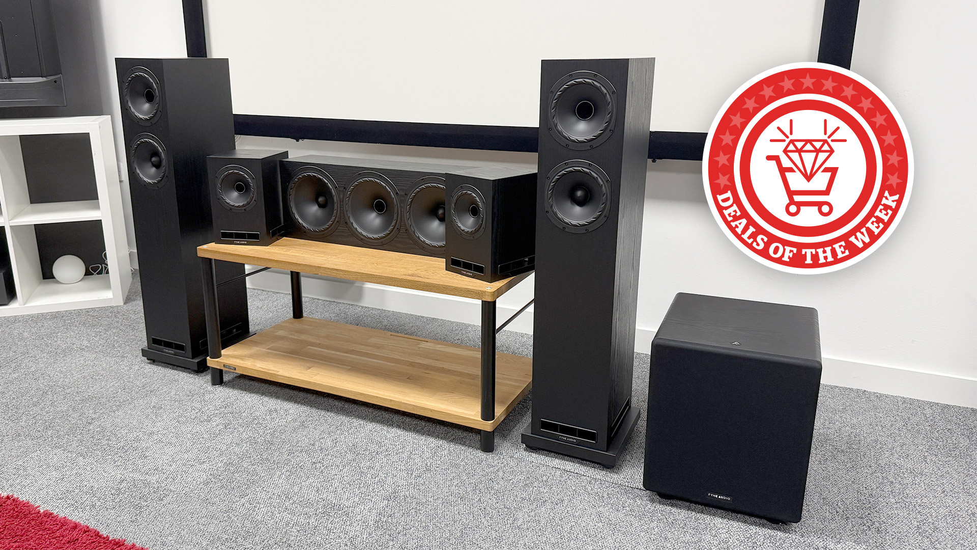 The Fyne Audio F500E AV Pack 2 with the deals of the week logo overlaid