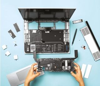 Top-down view of piecing together the Framework Laptop 16