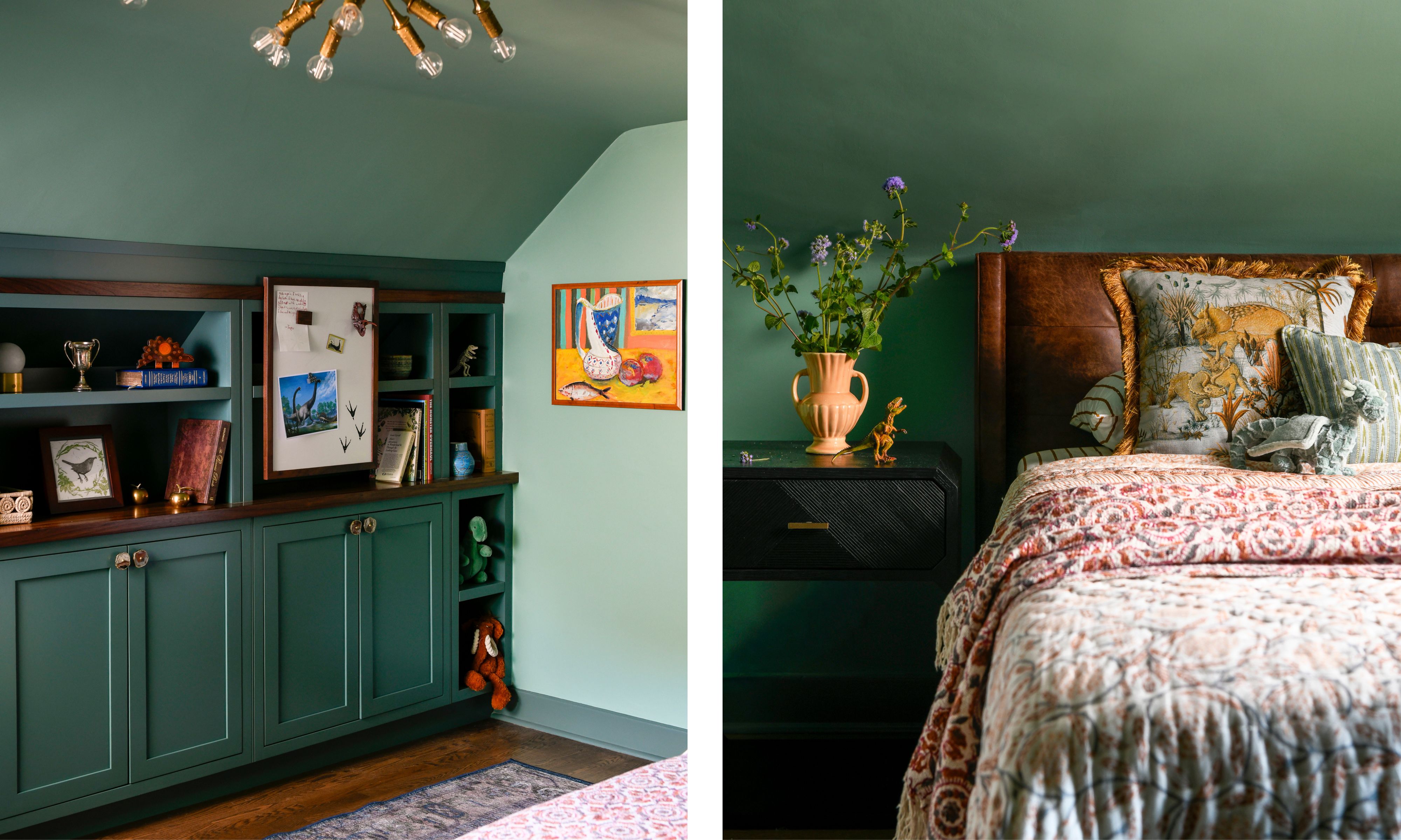 Two images of a loft bedroom with green walls and ceiling, built-in shelving, and a bed with patterned bedding.
