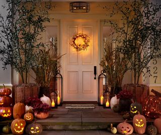 Porch with jack-o-lanterns, halloween wreath