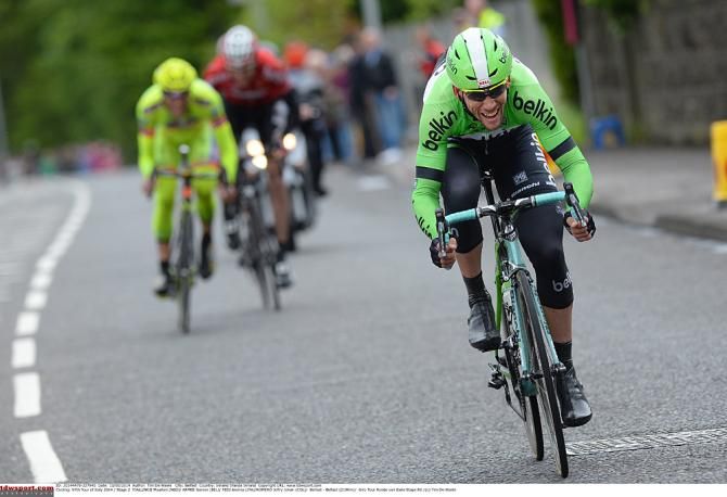 Maarten Tjalingii (Belkin) was the last rider left of the day's four-man breakaway