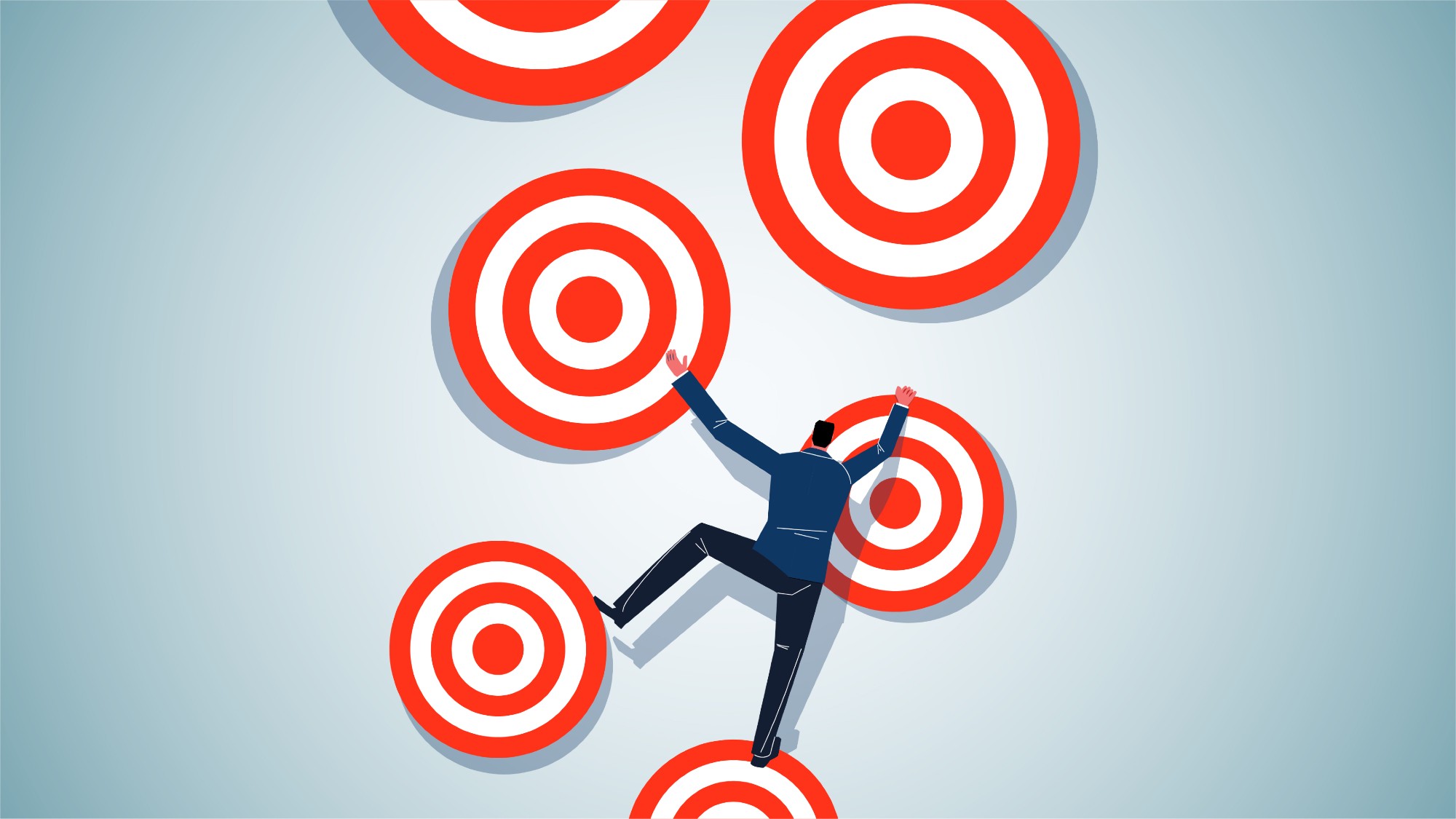 Graphic illustration of a man climbing up red and white targets