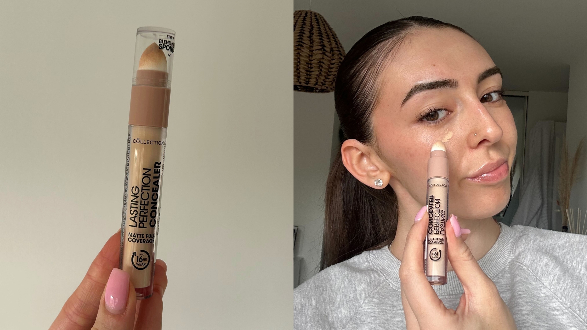 On the left, image of Collection Lasting Perfection Concealer, and on the right, an image of Sennen Prickett applying the concealer with the new sponge applicator