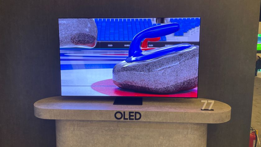 77-inch Samsung S95D OLED TV on its stand on dispaly at cES 2024