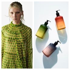 A collage of Dries Van Noten body care products and a model.