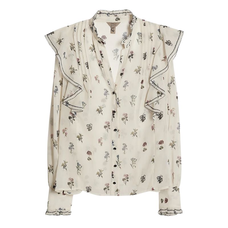 A cutout of a floral ruffle blouse by River Island
