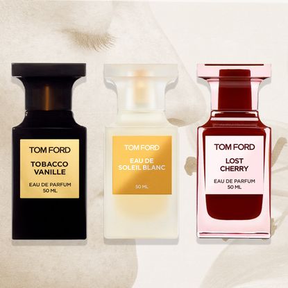 collage of tom ford perfumes -tobacco vanille, bitter cherry, fucking fabulous, and soleil blanc