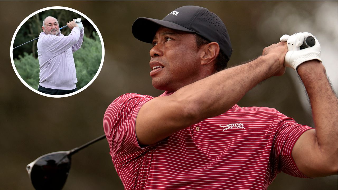 Tiger Woods hits a tee shot with a driver and watches its flight