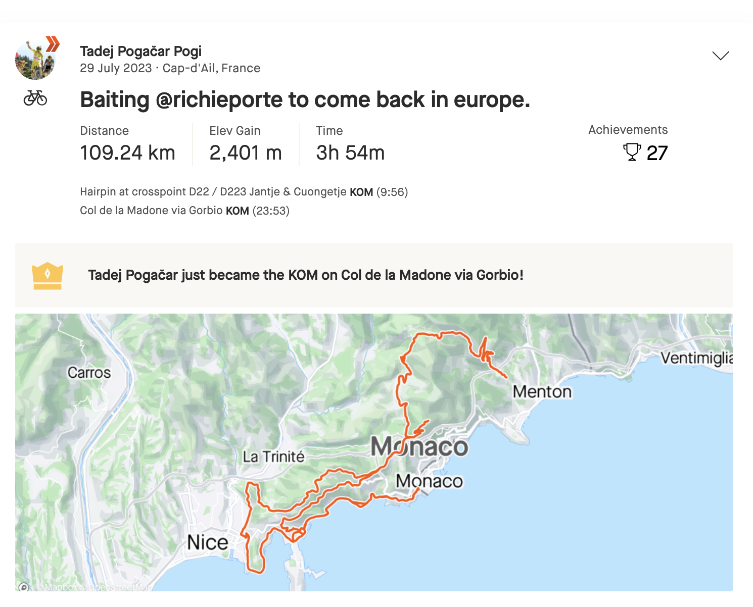 Tadej Pogačar sets Col de la Madone KoM on Strava