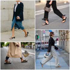 A collage of four images of women wearing flip flops on the street
